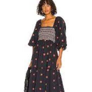 Free People Anthropologie Dahlia embroidered black orange cotton dress size S